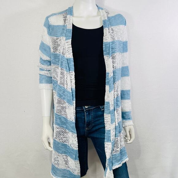 Retro Threads Cardigan Sweater Womens Large Blue White Open Knit Long Sleeves - Picture 1 of 13